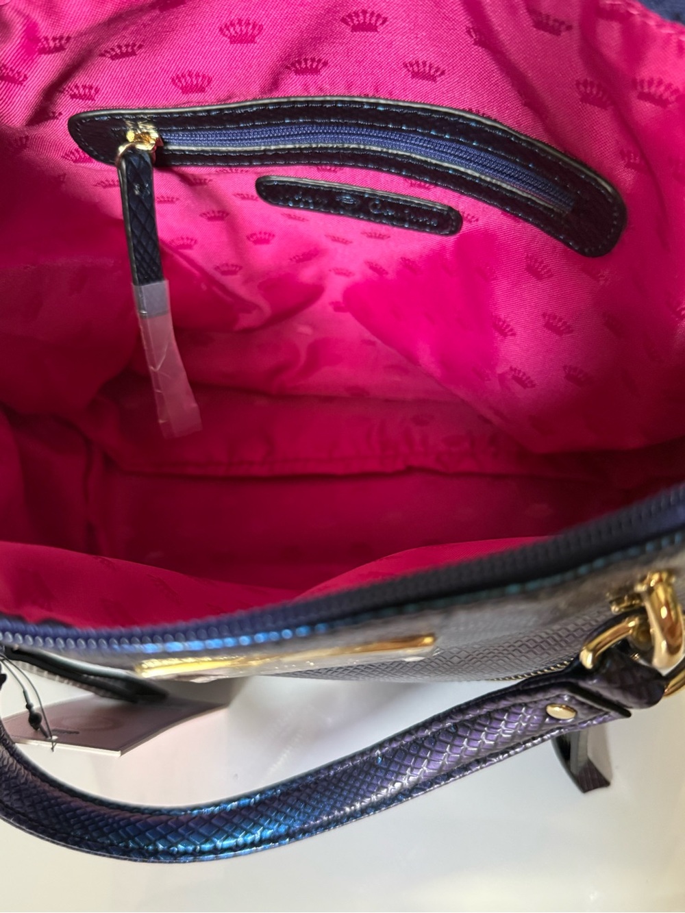 Juicy Couture Blue/Purple Metallic Juicy Hot Pink Interior Satchel Purse NWT - Picture 12 of 14